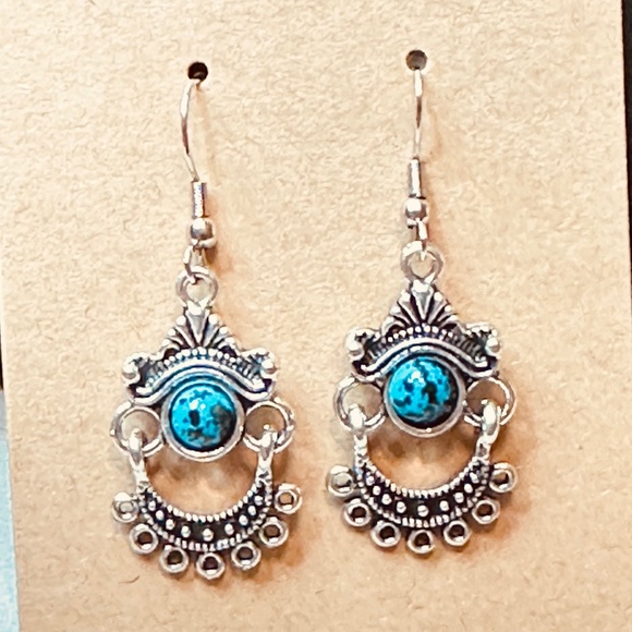 Silver Tone & Blue Stone/Bead Earrings. Hinge at Halfway - Picture 1 of 6